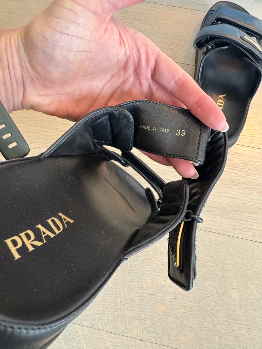 Prada Black Leather Double-Strap Logo Slide Sandals - Picture 3 of 7